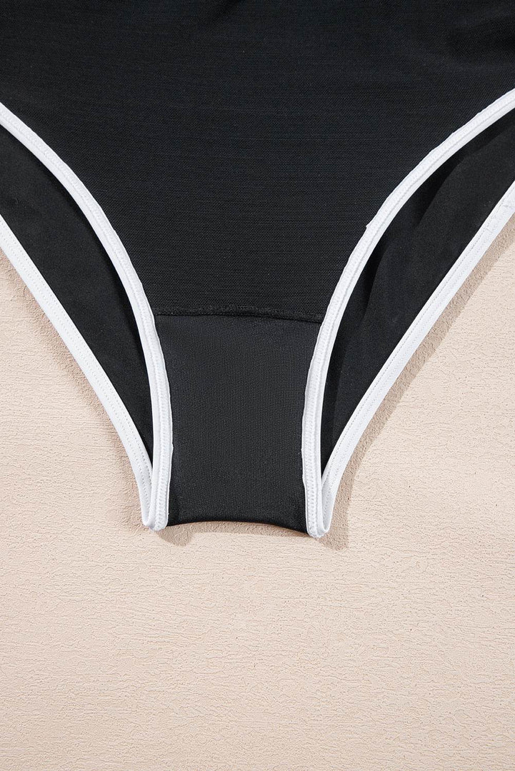 Black Contrast Trim Two Tone Belted One Piece Swimsuit - Fashion Queen -  17