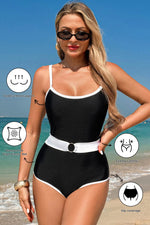 Load image into Gallery viewer, Black Contrast Trim Two Tone Belted One Piece Swimsuit - Fashion Queen -  2
