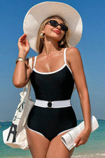 Load image into Gallery viewer, Black Contrast Trim Two Tone Belted One Piece Swimsuit - Fashion Queen -  6
