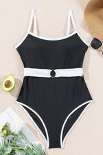 Load image into Gallery viewer, Black Contrast Trim Two Tone Belted One Piece Swimsuit - Fashion Queen -  9
