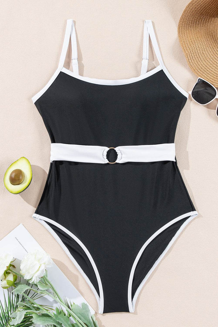 Black Contrast Trim Two Tone Belted One Piece Swimsuit - Fashion Queen -  9