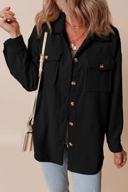 Black Corduroy Flap Pocket Button Up Shacket - Fashion Queen -  1