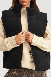 Black Corduroy Stand Neck Zipped Puffer Vest - Fashion Queen -  1