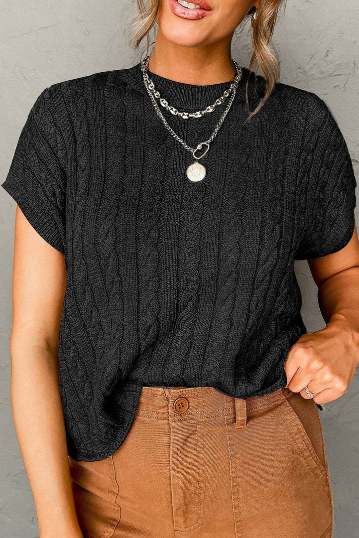 Black Crew Neck Cable Knit Short Sleeve Sweater - Fashion Queen -  1