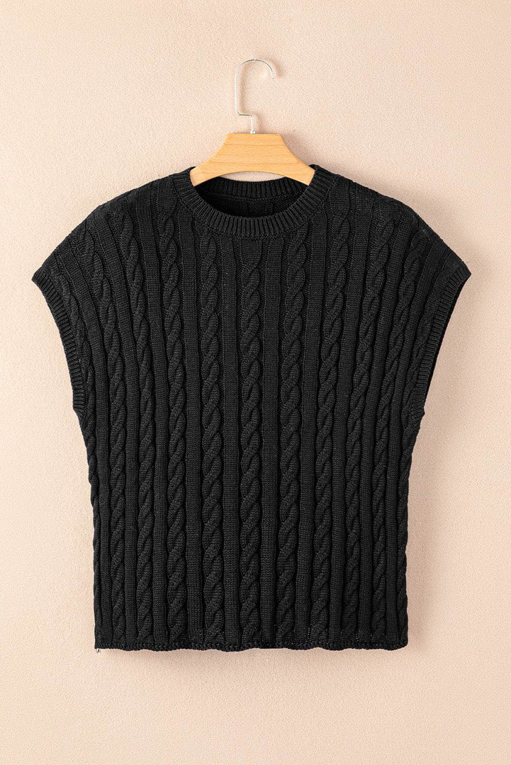 Black Crew Neck Cable Knit Short Sleeve Sweater - Fashion Queen -  12