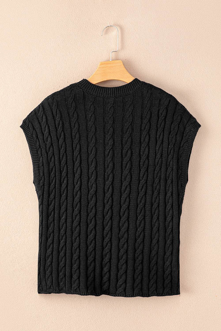 Black Crew Neck Cable Knit Short Sleeve Sweater - Fashion Queen -  13