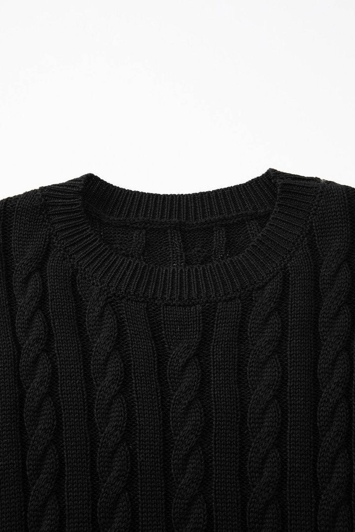 Black Crew Neck Cable Knit Short Sleeve Sweater - Fashion Queen -  14