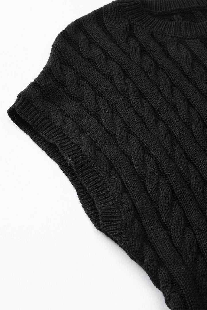 Black Crew Neck Cable Knit Short Sleeve Sweater - Fashion Queen -  15