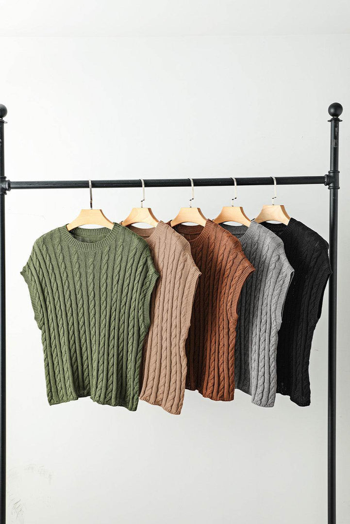 Black Crew Neck Cable Knit Short Sleeve Sweater - Fashion Queen -  18