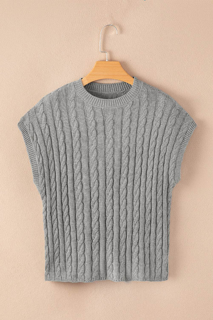 Black Crew Neck Cable Knit Short Sleeve Sweater - Fashion Queen -  21