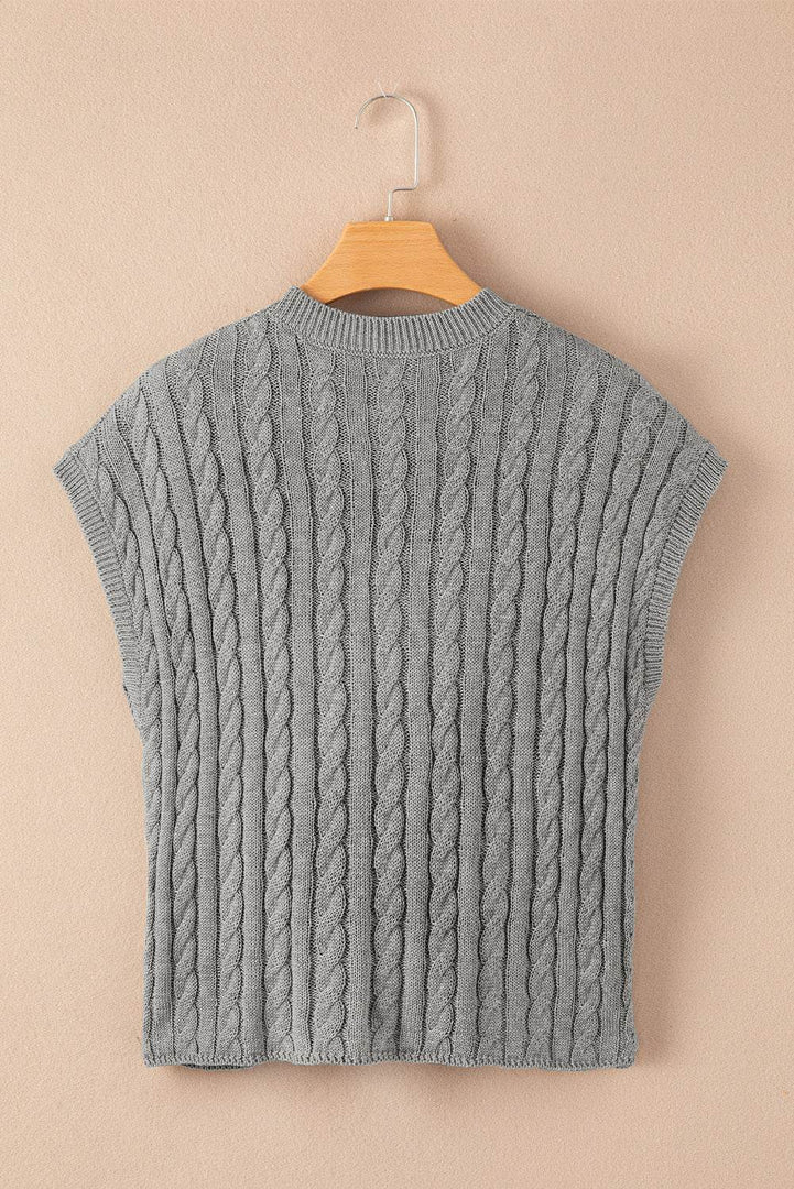 Black Crew Neck Cable Knit Short Sleeve Sweater - Fashion Queen -  22