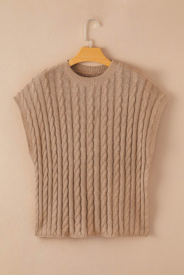 Black Crew Neck Cable Knit Short Sleeve Sweater - Fashion Queen -  29
