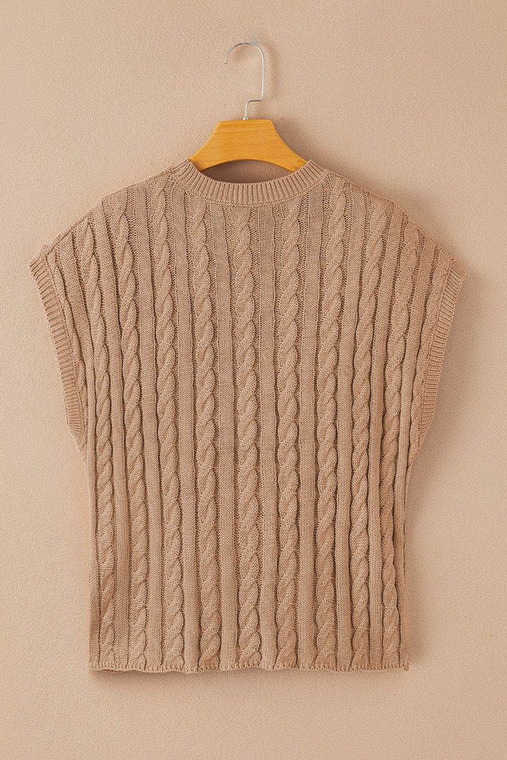 Black Crew Neck Cable Knit Short Sleeve Sweater - Fashion Queen -  30