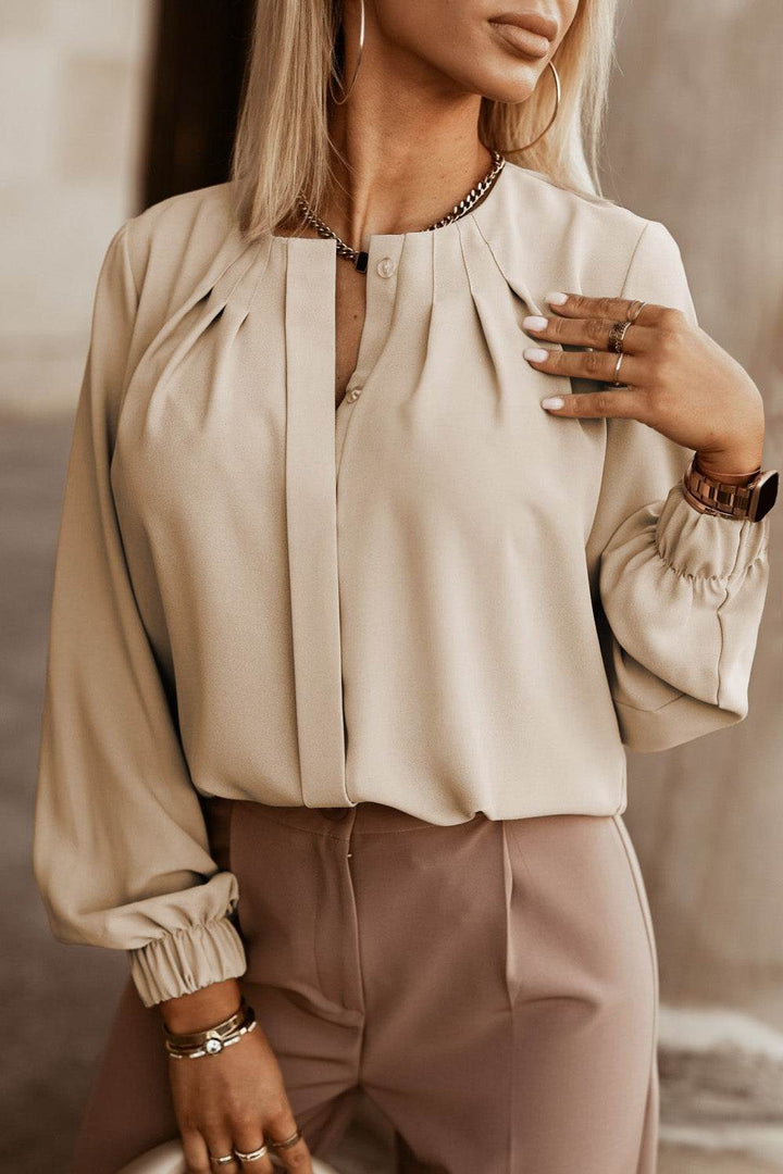 Black Crew Neck Gathered Stretch Cuff Shirt - Fashion Queen -  7