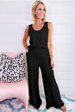 Load image into Gallery viewer, Black Crinkled U Neck Tank Top and Wide Leg Pants Set - Fashion Queen -  3
