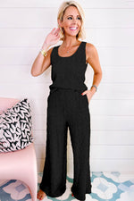 Load image into Gallery viewer, Black Crinkled U Neck Tank Top and Wide Leg Pants Set - Fashion Queen -  4
