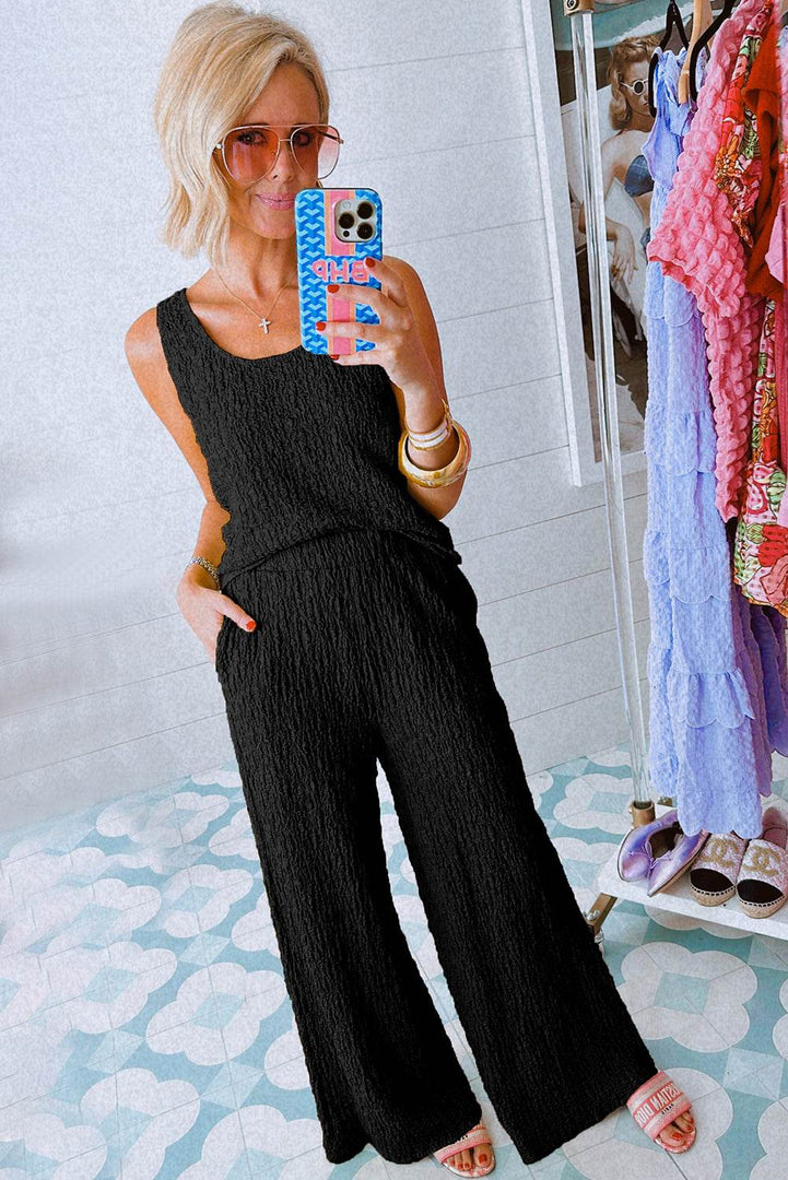 Black Crinkled U Neck Tank Top and Wide Leg Pants Set - Fashion Queen -  5