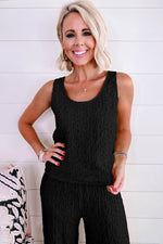 Load image into Gallery viewer, Black Crinkled U Neck Tank Top and Wide Leg Pants Set - Fashion Queen -  6
