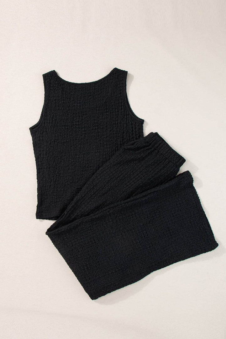 Black Crinkled U Neck Tank Top and Wide Leg Pants Set - Fashion Queen -  7