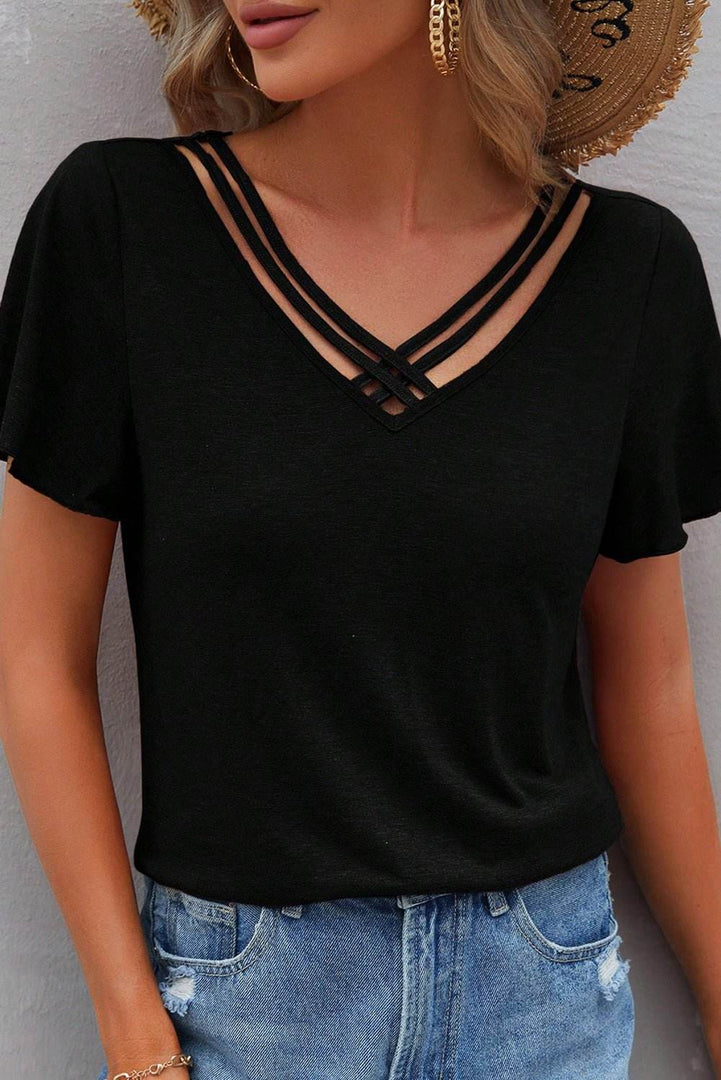 Black Crisscross V Neck Butterfly Sleeve T Shirt - Fashion Queen -  1