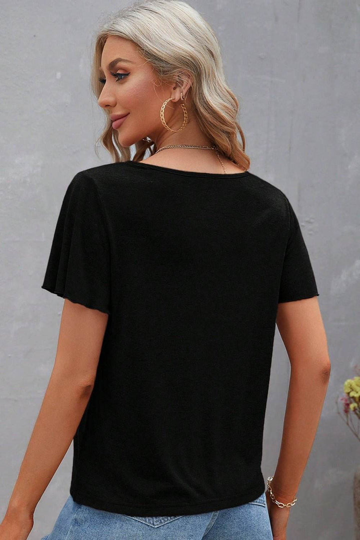 Black Crisscross V Neck Butterfly Sleeve T Shirt - Fashion Queen -  2