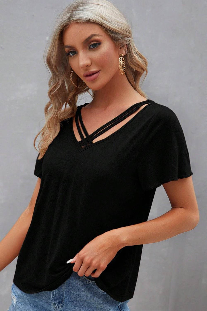 Black Crisscross V Neck Butterfly Sleeve T Shirt - Fashion Queen -  3