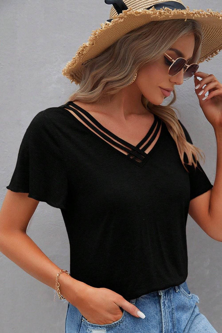 Black Crisscross V Neck Butterfly Sleeve T Shirt - Fashion Queen -  4