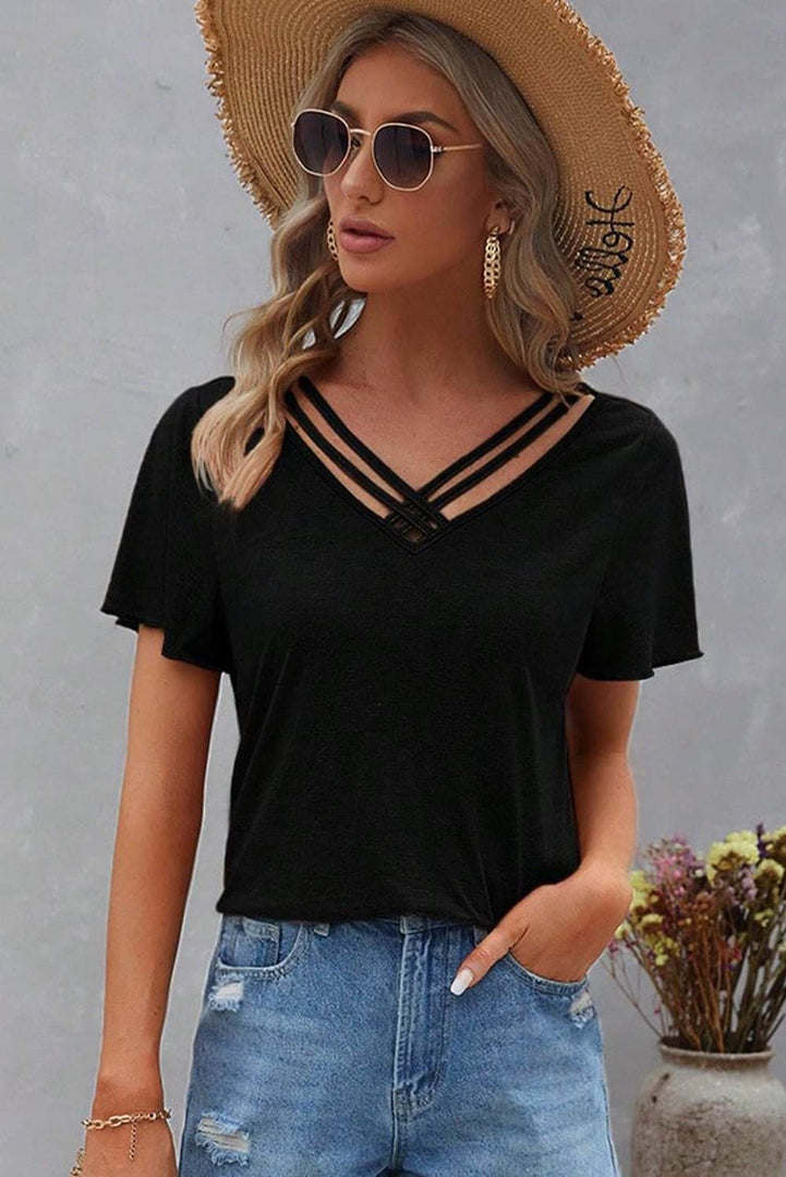 Black Crisscross V Neck Butterfly Sleeve T Shirt - Fashion Queen -  5