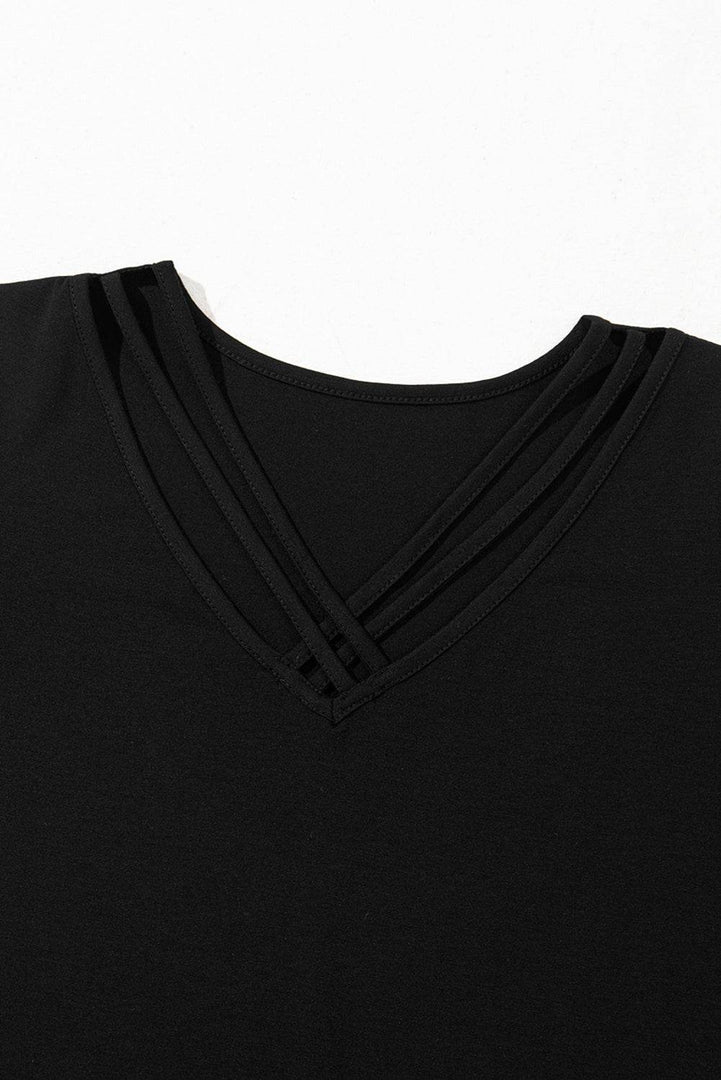 Black Crisscross V Neck Butterfly Sleeve T Shirt - Fashion Queen -  8