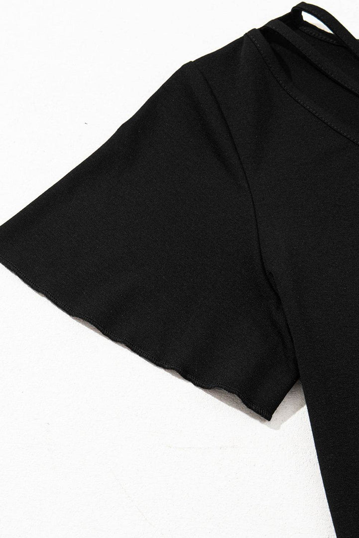 Black Crisscross V Neck Butterfly Sleeve T Shirt - Fashion Queen -  9