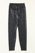 Load image into Gallery viewer, Black Crossed Dip Waist Sleek Leather Leggings - Fashion Queen -  10
