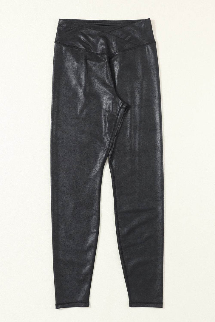 Black Crossed Dip Waist Sleek Leather Leggings - Fashion Queen -  10