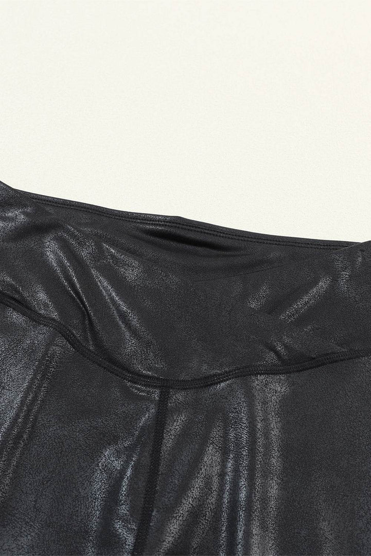Black Crossed Dip Waist Sleek Leather Leggings - Fashion Queen -  11
