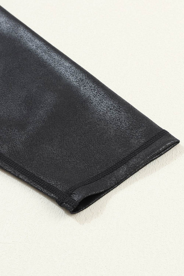 Black Crossed Dip Waist Sleek Leather Leggings - Fashion Queen -  12