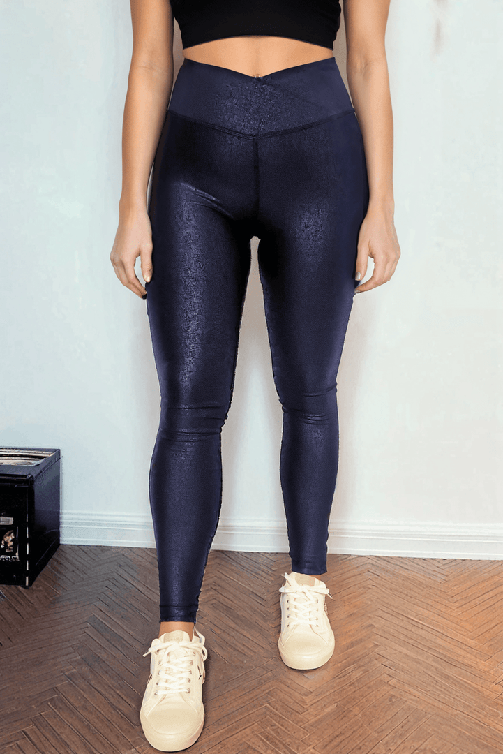Black Crossed Dip Waist Sleek Leather Leggings - Fashion Queen -  4