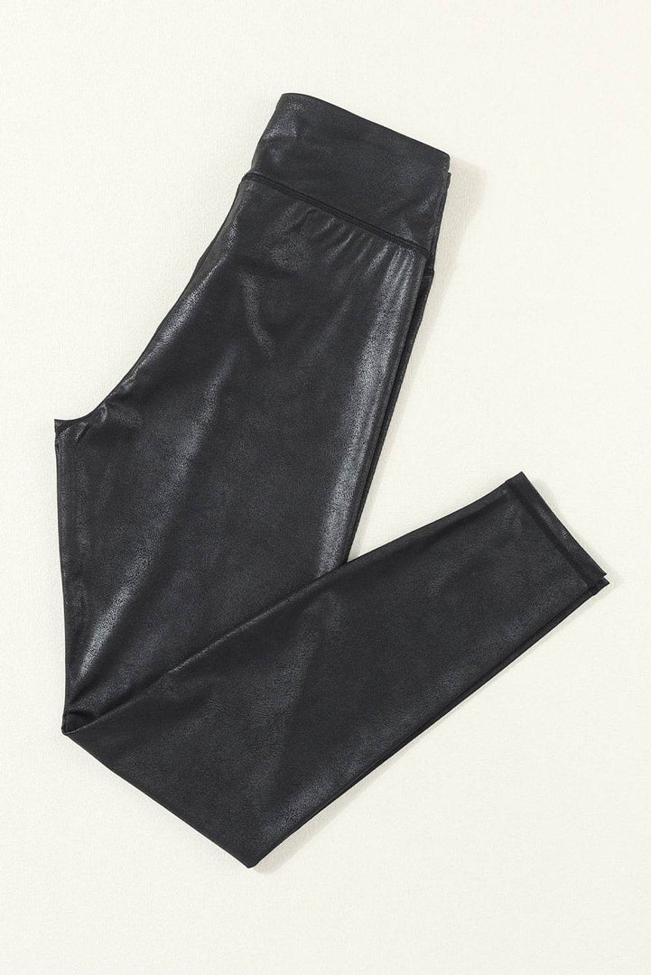 Black Crossed Dip Waist Sleek Leather Leggings - Fashion Queen -  9
