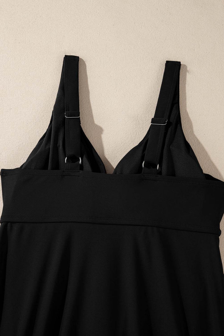 Black Crossed V Neck Adjustable Strap Babydoll Tankini Top - Fashion Queen -  17