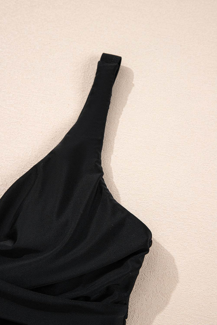 Black Crossed V Neck Adjustable Strap Babydoll Tankini Top - Fashion Queen -  21