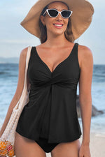 Load image into Gallery viewer, Black Crossed V Neck Adjustable Strap Babydoll Tankini Top - Fashion Queen -  7
