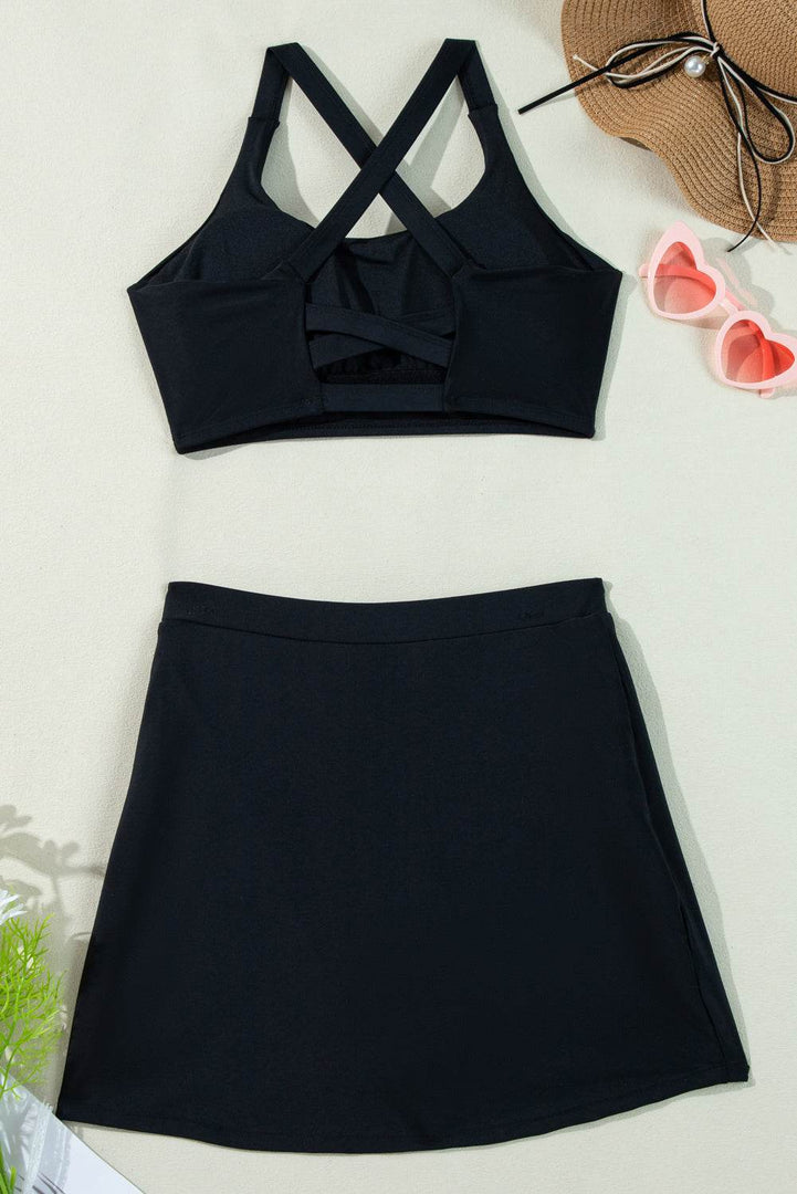 Black Crossover Bikini Tank and Skort Swimwear - Fashion Queen -  18