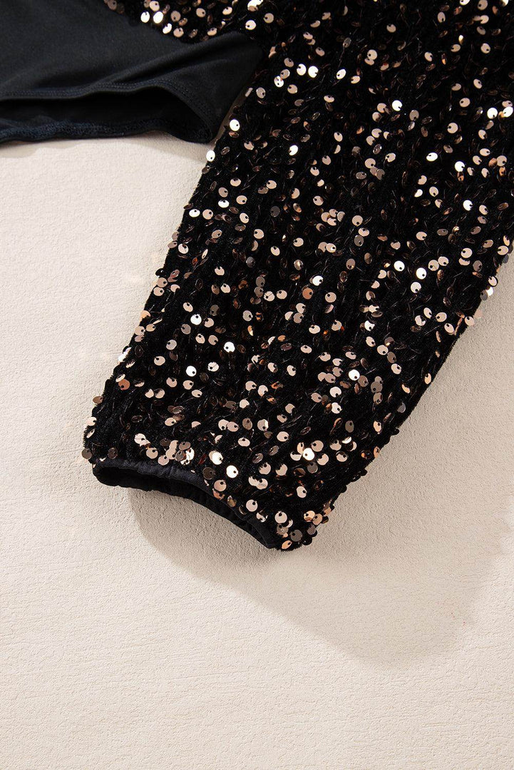 Black Deep V Back Sequin Puff Sleeve Bodysuit - Fashion Queen -  10