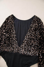 Load image into Gallery viewer, Black Deep V Back Sequin Puff Sleeve Bodysuit - Fashion Queen -  11
