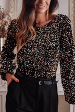 Load image into Gallery viewer, Black Deep V Back Sequin Puff Sleeve Bodysuit - Fashion Queen -  2

