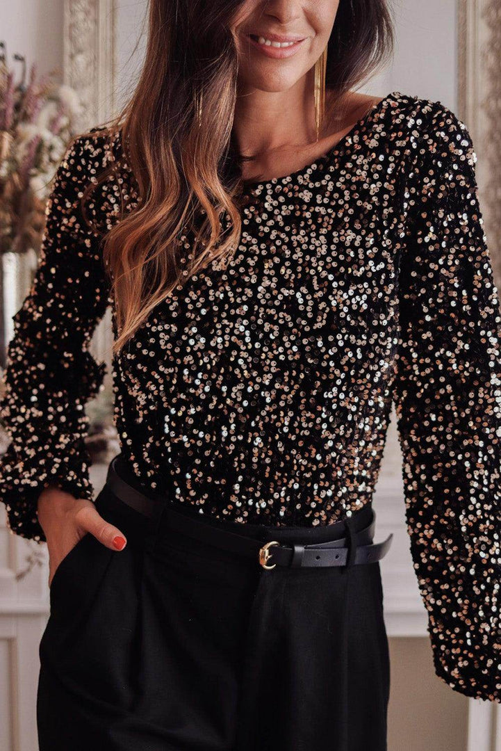 Black Deep V Back Sequin Puff Sleeve Bodysuit - Fashion Queen -  2
