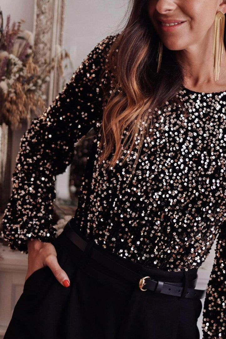 Black Deep V Back Sequin Puff Sleeve Bodysuit - Fashion Queen -  4