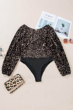 Load image into Gallery viewer, Black Deep V Back Sequin Puff Sleeve Bodysuit - Fashion Queen -  6
