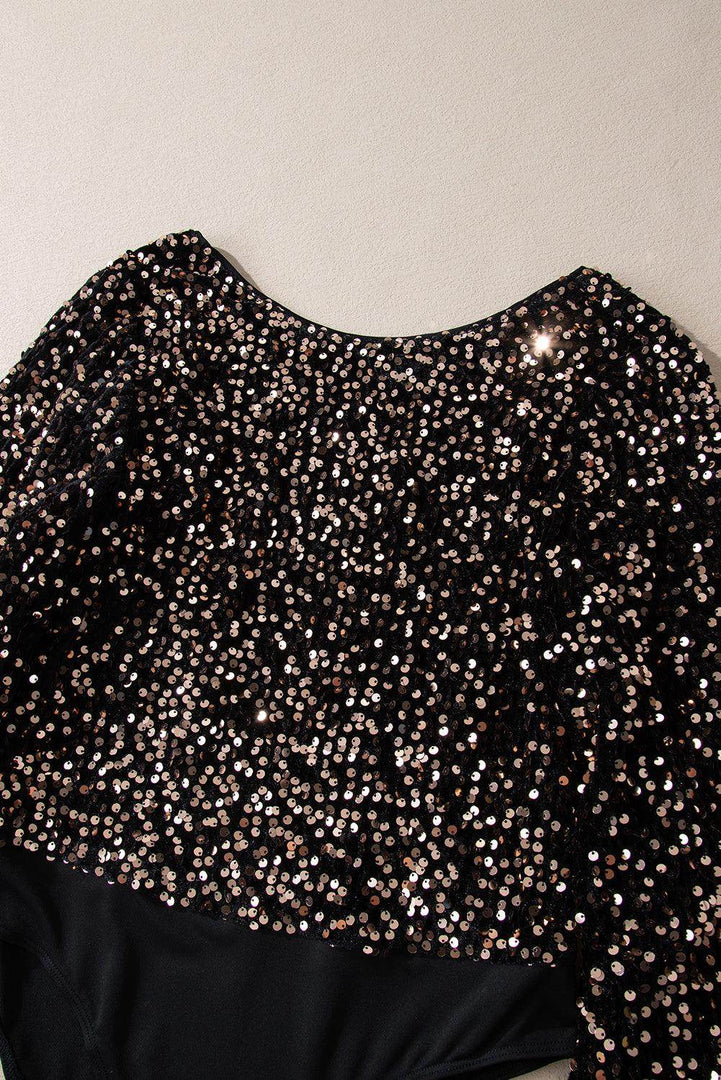 Black Deep V Back Sequin Puff Sleeve Bodysuit - Fashion Queen -  8