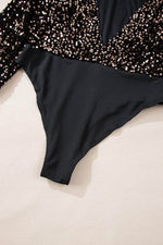 Load image into Gallery viewer, Black Deep V Back Sequin Puff Sleeve Bodysuit - Fashion Queen -  9
