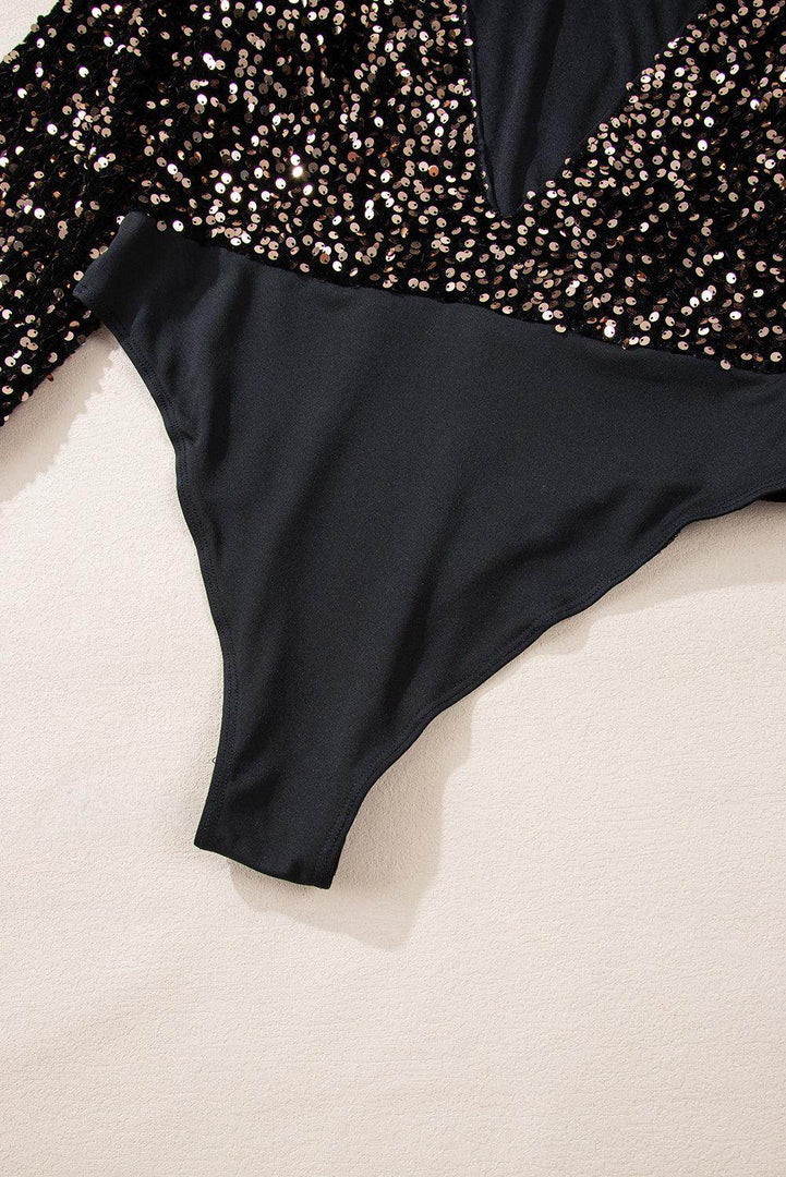 Black Deep V Back Sequin Puff Sleeve Bodysuit - Fashion Queen -  9