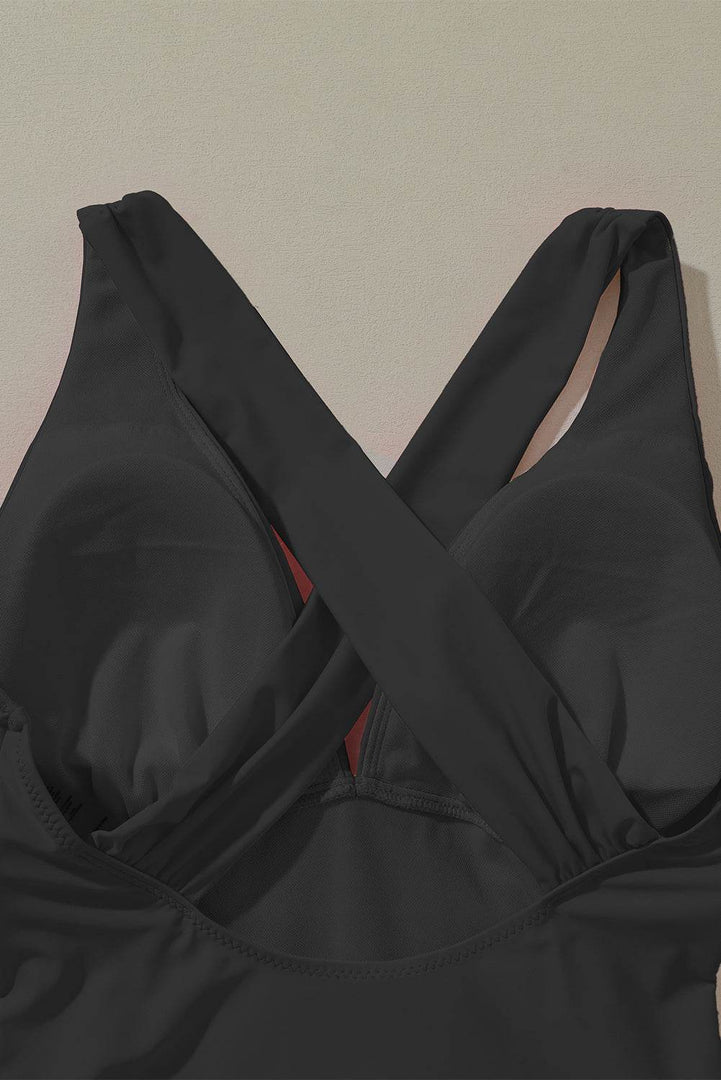 Black Deep V Neck Crossover Backless Ruched High Cut Monokini - Fashion Queen -  11